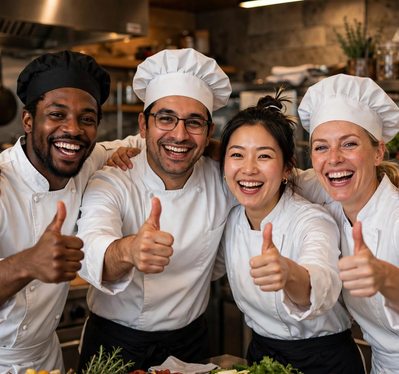 Vier vrolijke koks met duim omhoog in een professionele keuken – World Wide Kitchen